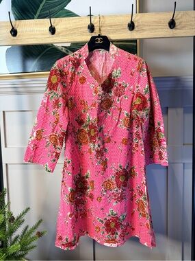 Velvet Hanger Floral Tunic Dress - Hot Pink with handmade beaded Red Flowers
